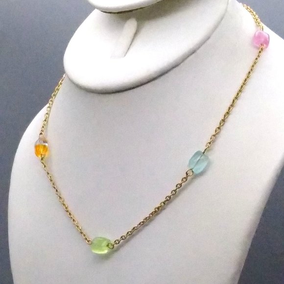 Delicate Chain Art Glass Station Necklace, Gold Tone Choker Studded - Picture 1 of 3